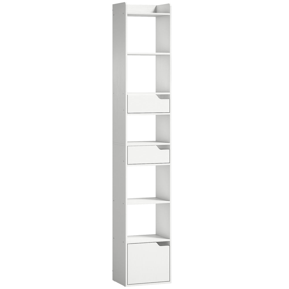 HOMCOM Bookcase Tall Narrow with 5 Tiers and Drawers Freestanding Bookshelf Storage Cabinet for Living Room White Wood Effect
