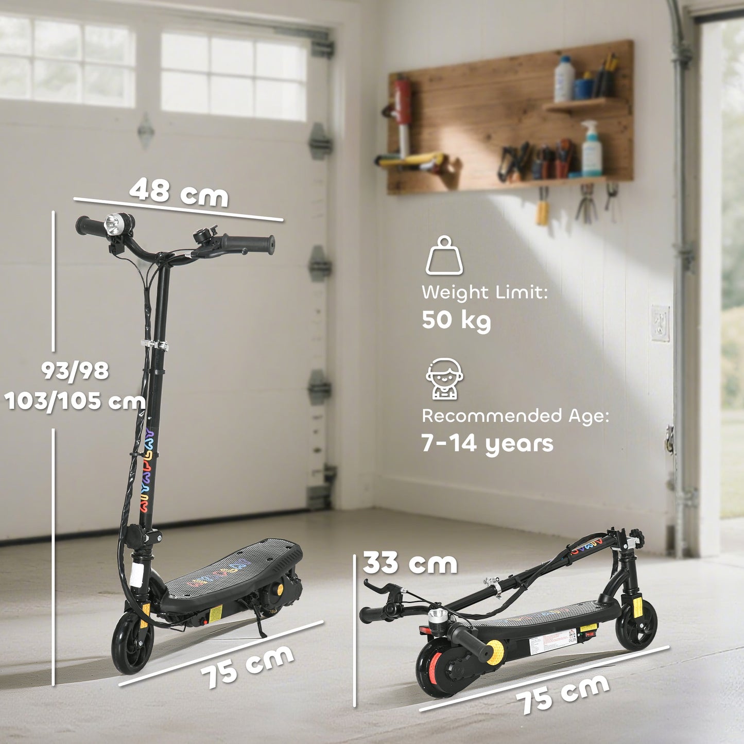 HOMCOM Foldable Electric Scooter, with LED Headlights, for Ages 7-14 Years, Black