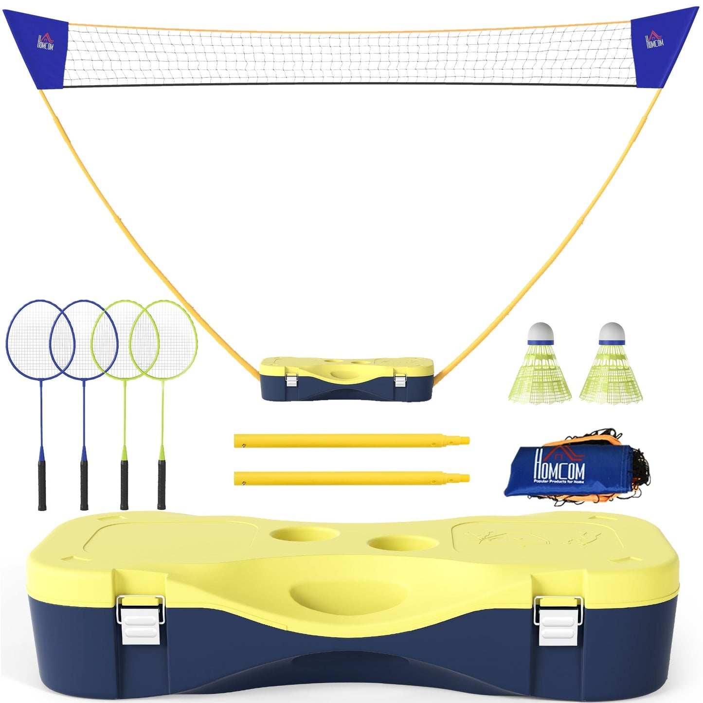 HOMCOM 2.8m Portable Folding Badminton Net Set with 4 Badminton Rackets and 2 Nylon Shuttlecocks, for Adults Kids Indoor Outdoor Exercise Training