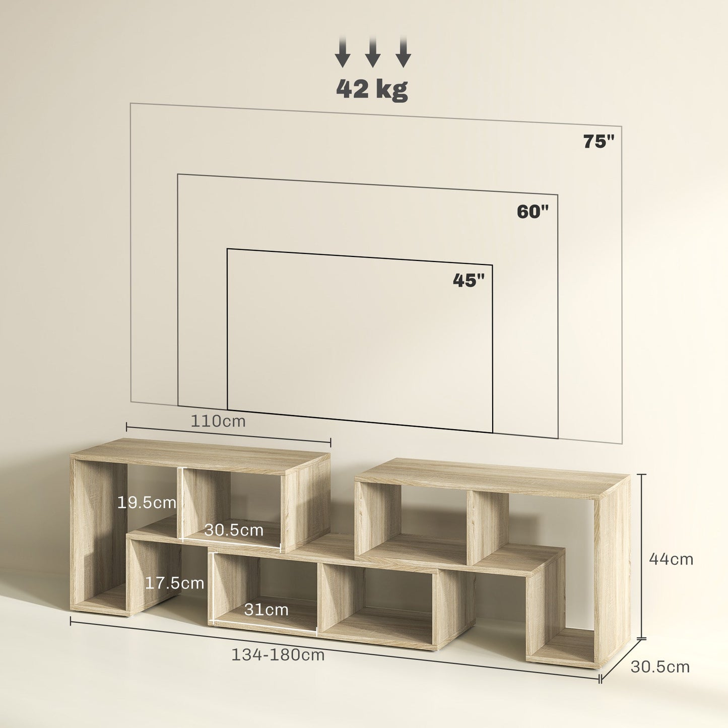 HOMCOM Three-Block Modular TV Stand - Grey Wood-Effect