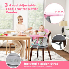 6-in-1 Baby High Chair with 5-Point Harness and Removable Tray-Pink