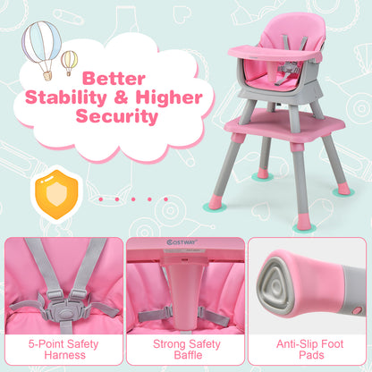 6-in-1 Baby High Chair with 5-Point Harness and Removable Tray-Pink
