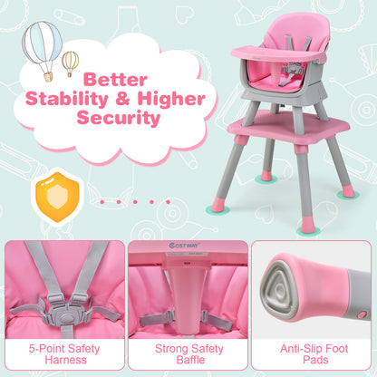 6-in-1 Baby High Chair with 5-Point Harness and Removable Tray-Pink