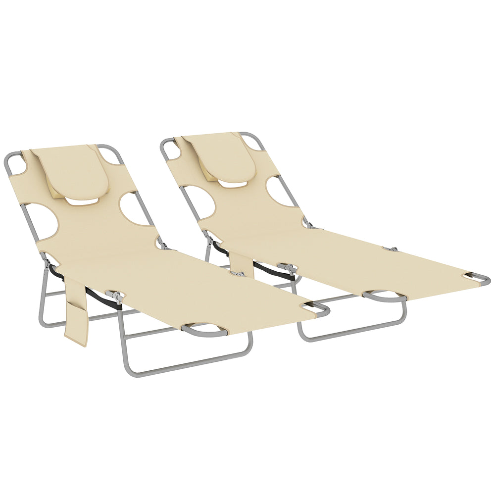 Outsunny 5-Position Adjustable Sun Loungers Set of 2 with Reading Hole and Side Pocket, Beige