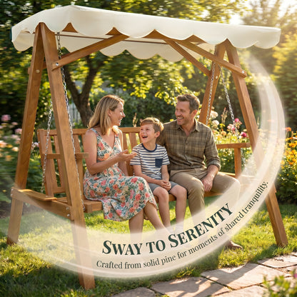 Outsunny 3 Seater Garden Swing Seat with Canopy, Wooden Swing Chair, Outdoor Hammock Bench for Balcony Patio Porch, Cream White