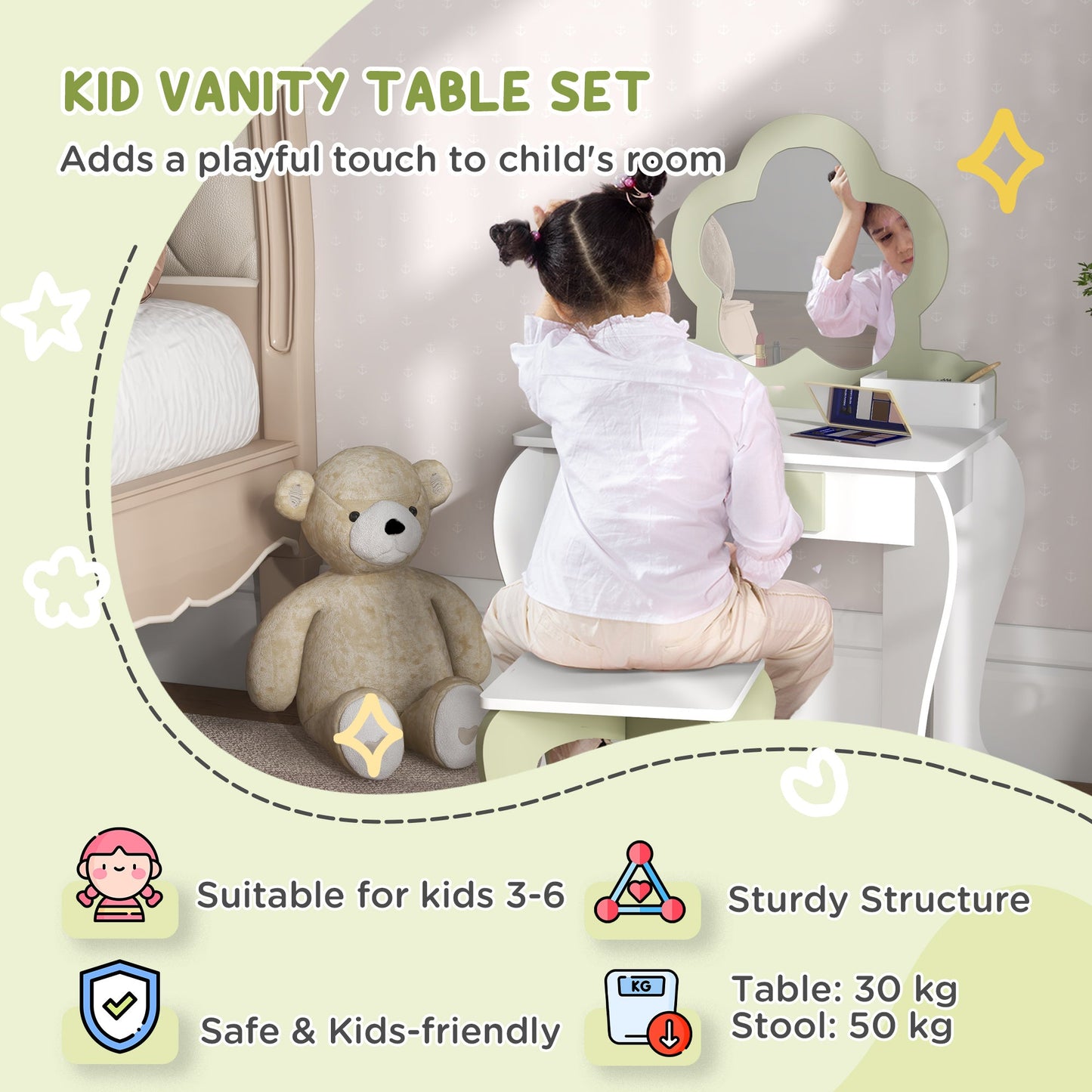 ZONEKIZ Kids Vanity Table with Mirror and Stool, Drawer, Storage Boxes, Flower Design, for Ages 3-6 Years - White