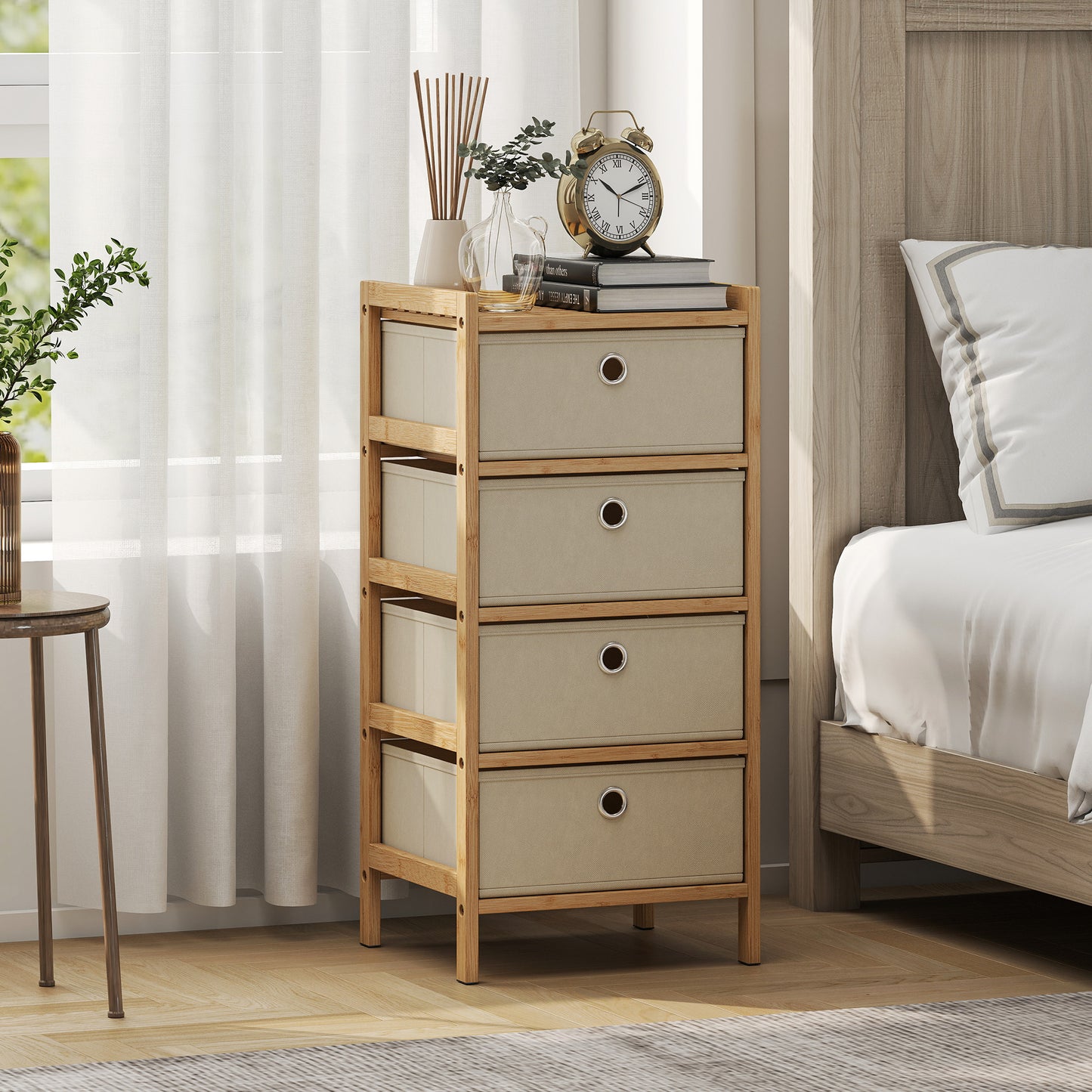 HOMCOM Chest of Drawers, 4 Fabric Drawers Narrow Dresser with Bamboo Frame, Cream White