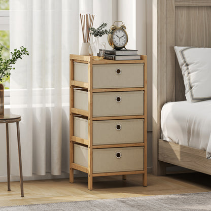 HOMCOM Chest of Drawers, 4 Fabric Drawers Narrow Dresser with Bamboo Frame, Cream White