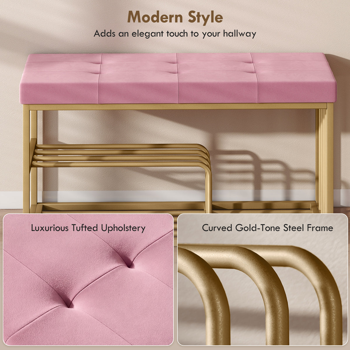 HOMCOM Bench and Shoe Storage, Tufted Shoe Storage Bench with Velvet Seat Cushion Gold Steel Frame for Entryway, Pink