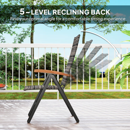 Outsunny 2 Pieces Folding Rattan Garden Dining Chairs with 5-level Reclining High Back, Wood Armrests for Outdoor - Mixed-grey