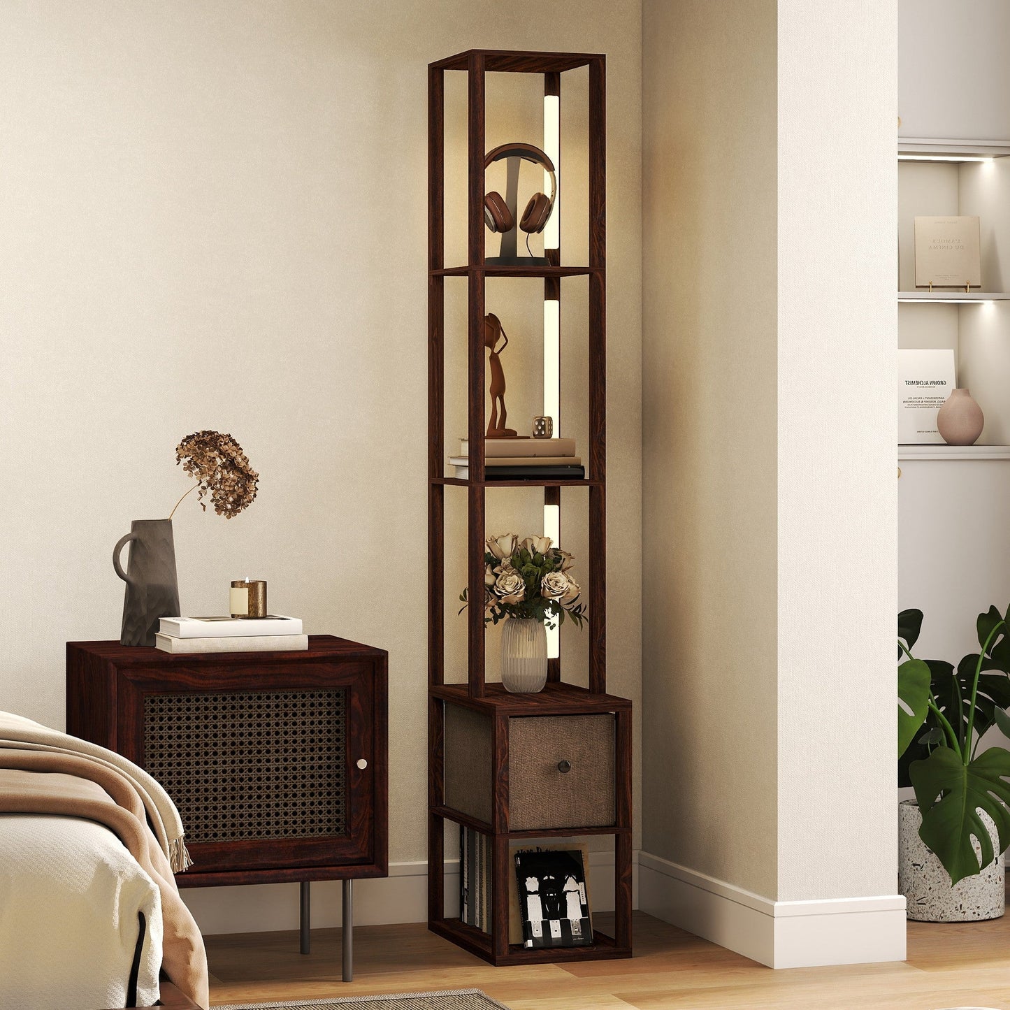 HOMCOM Floor Lamp with Shelves, LED Column Modern Standing Lamp with Fabric Drawer, Adjustable Brightness, Foot Switch for Living Room, Bedroom, Office, Dark Brown