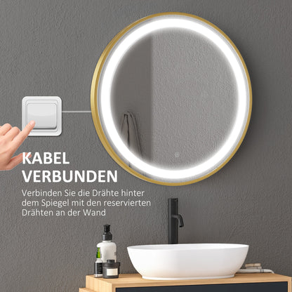 kleankin Round LED Bathroom Mirror, Dimmable Lighted Wall Mount Mirror with 3 Colours, Time Display, Memory Function, Hardwired