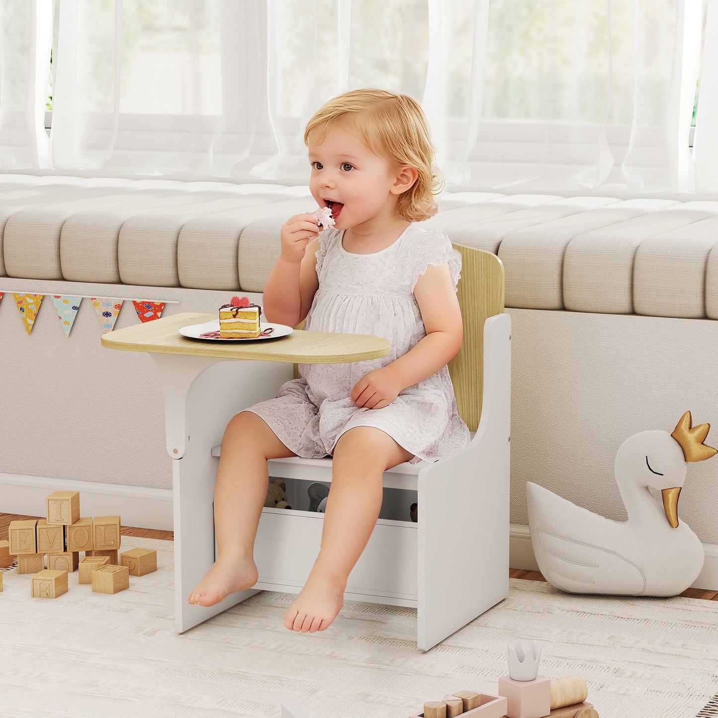 AIYAPLAY Kids Table and Chair Set, Children Desk and Chair with Storage Bins for Playing, Reading, Painting, for Ages 3-5, White