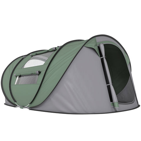 Outsunny 4 Person Pop-up Camping Tent Family Tent with Ground Sheet, 4 Windows and Portable Carry Bag for Beach Outdoor Trip, Dark Green