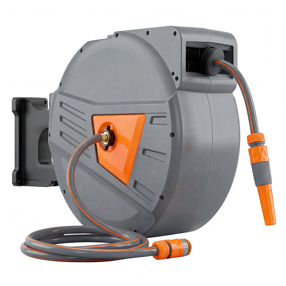 Outsunny Retractable Hose Reel Wall Mounted, 40+2m Garden Hose Pipe Reel with Auto Retraction, Self-Locking, Orange