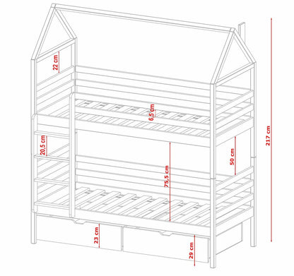 Dimensions of a children's house-shaped bed with red measurements on a white background