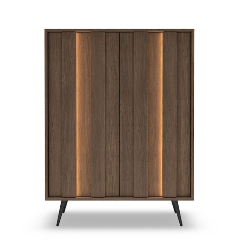 Wooden cabinet with vertical slats on a white background
