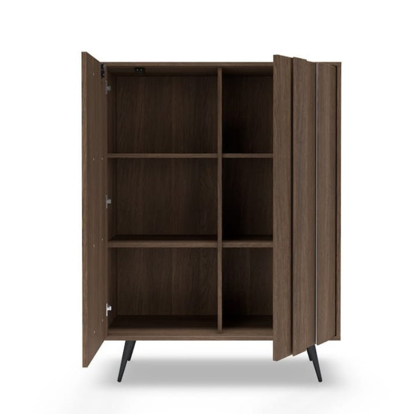 Wooden cabinet with open doors on a white background
