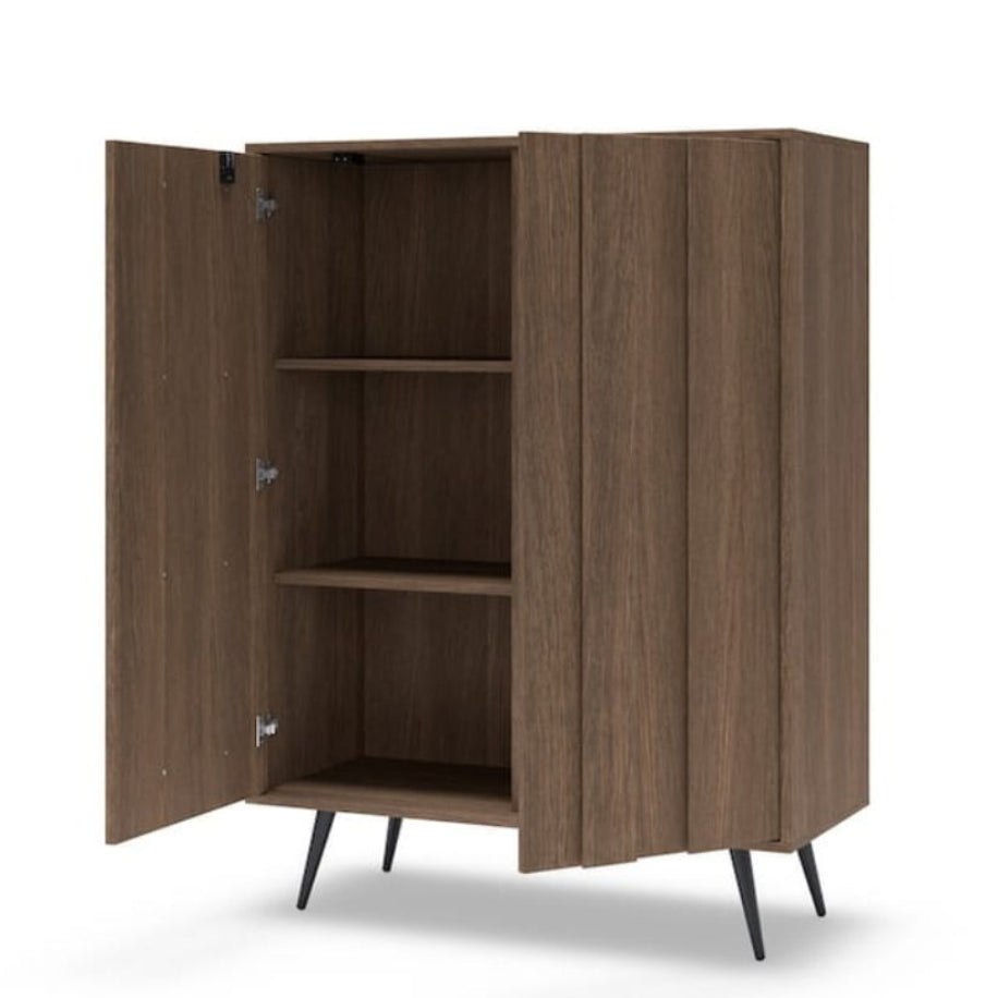 Wooden cabinet with open doors on a white background