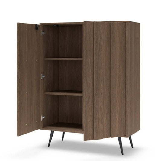 Wooden cabinet with open doors on a white background