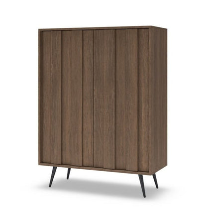 Wooden cabinet with vertical slats on a white background