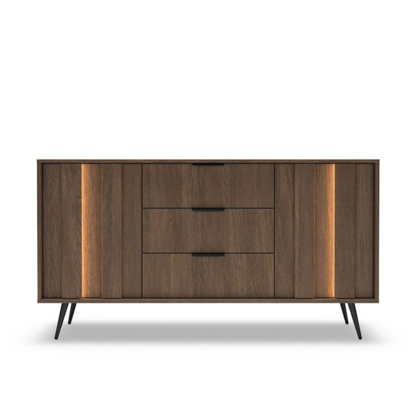 Wooden sideboard with two drawers and a cabinet on a white background