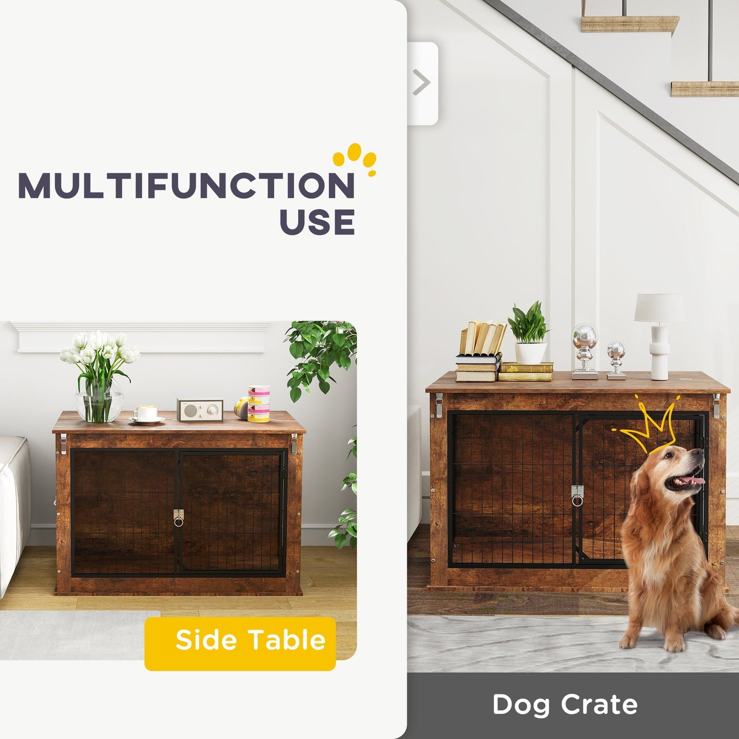 PawHut Dog Crate Furniture with Openable Top, Two Doors, for Large Dogs, Rustic Brown