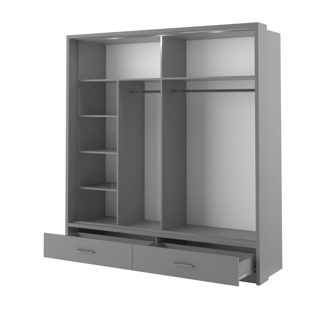 Gray wardrobe with shelves, drawers, and hanging space on a green background
