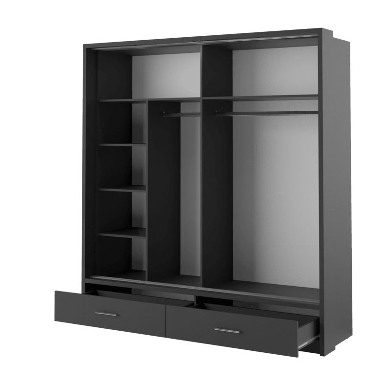 Black wardrobe with open doors and shelves on a transparent background