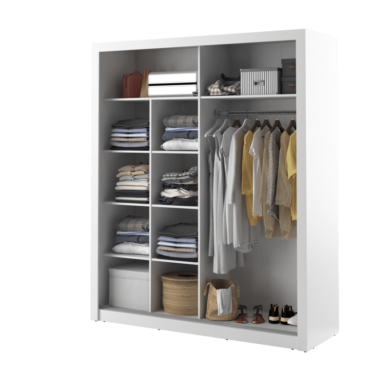White wardrobe with clothes, shoes, and bags on a white background