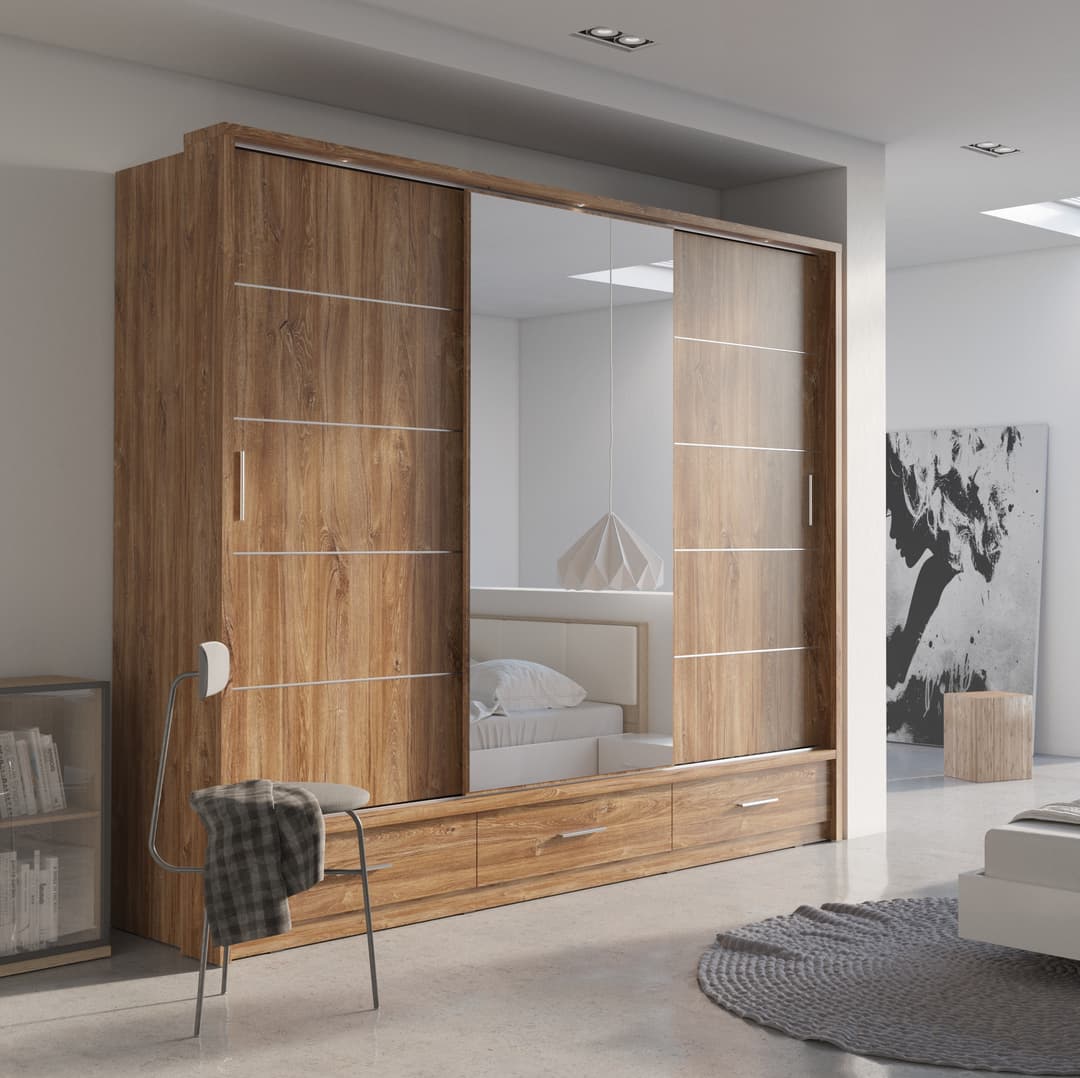 Wooden wardrobe with mirror in a modern bedroom setting