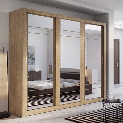 Modern bedroom with wooden wardrobe and bed