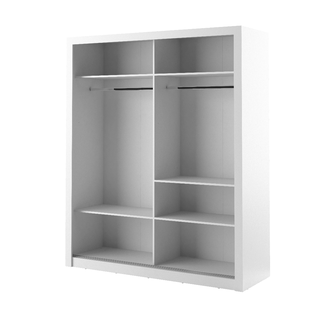 White wardrobe with open doors on a white background