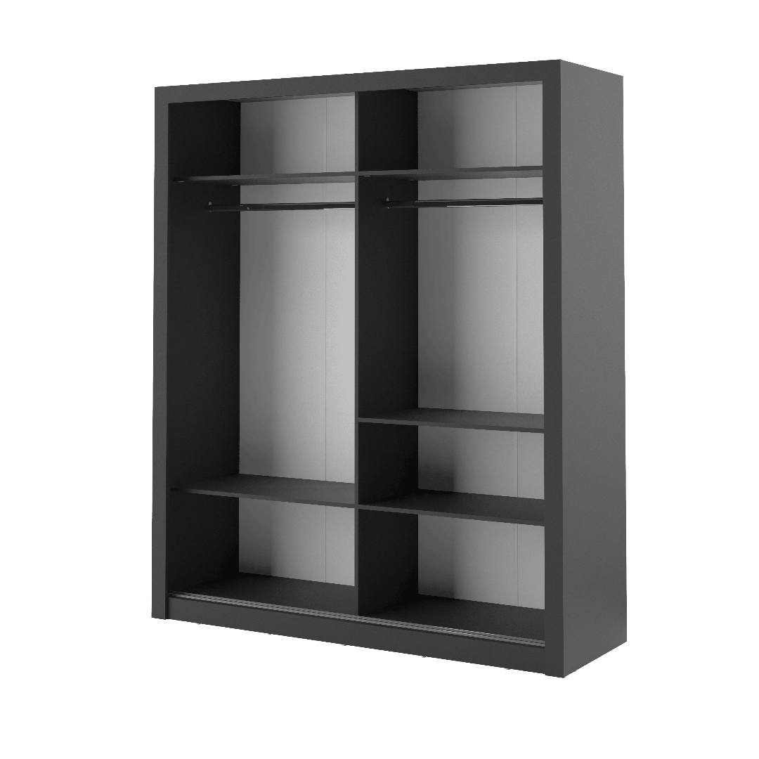 Black wardrobe with open doors on a white background