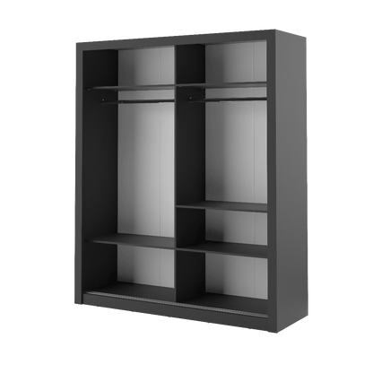 Black wardrobe with open doors on a white background