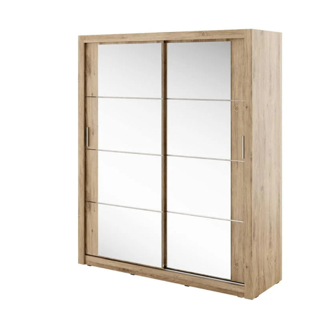 Wooden wardrobe with sliding mirrored doors on a white background