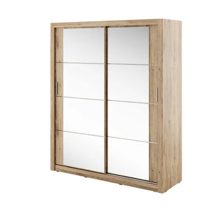 Wooden wardrobe with sliding mirrored doors on a white background