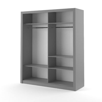 Gray wardrobe with shelves and a hanging rod on a white background