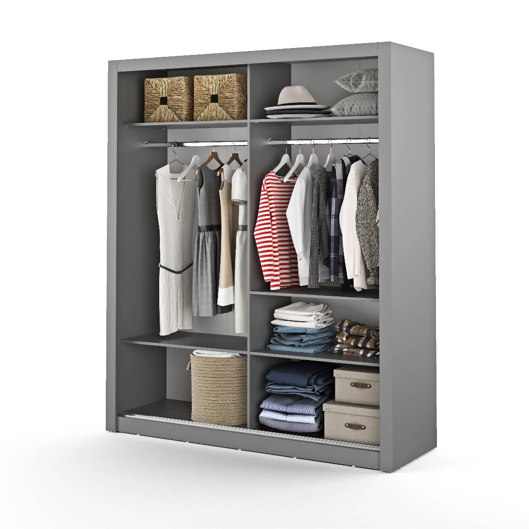 Gray wardrobe with clothes and shelves on a white background