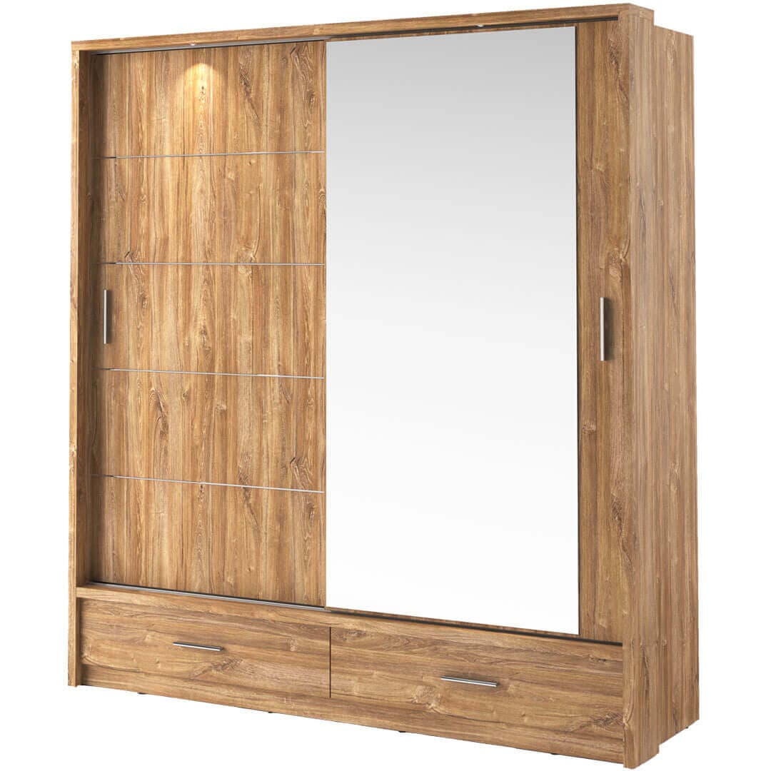 Wooden wardrobe with mirror and drawers on a white background