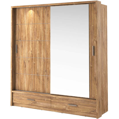 Wooden wardrobe with mirror and drawers on a white background