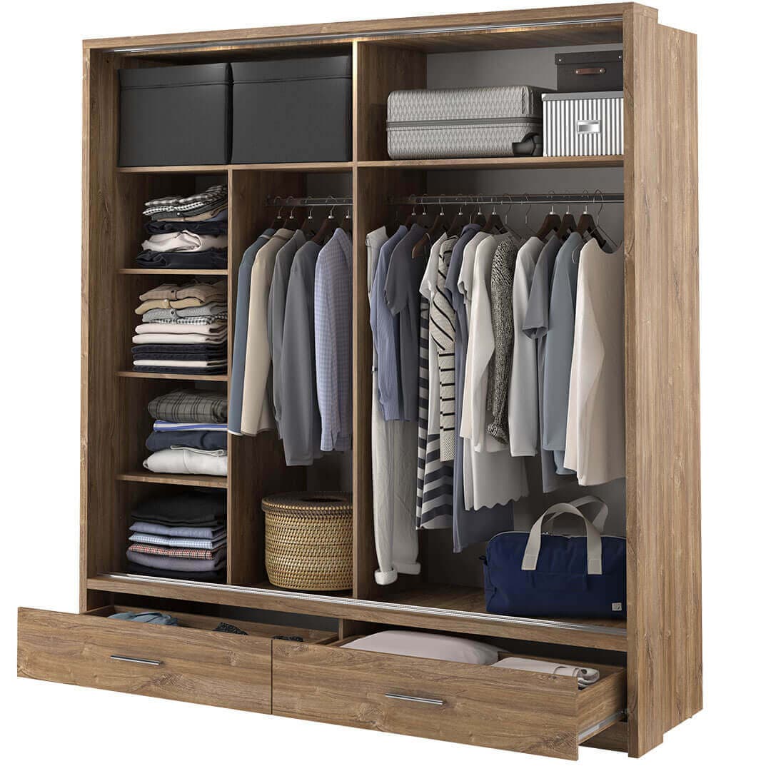 Wooden wardrobe with clothes, shelves, and drawers on a white background