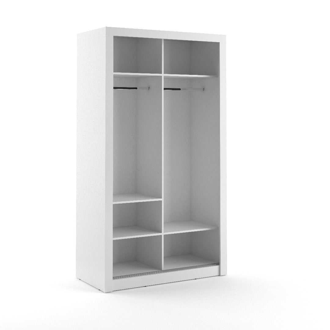 White wardrobe with open doors on a white background