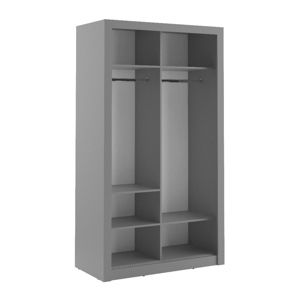 Gray wardrobe with multiple compartments on a white background