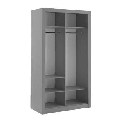 Gray wardrobe with multiple compartments on a white background