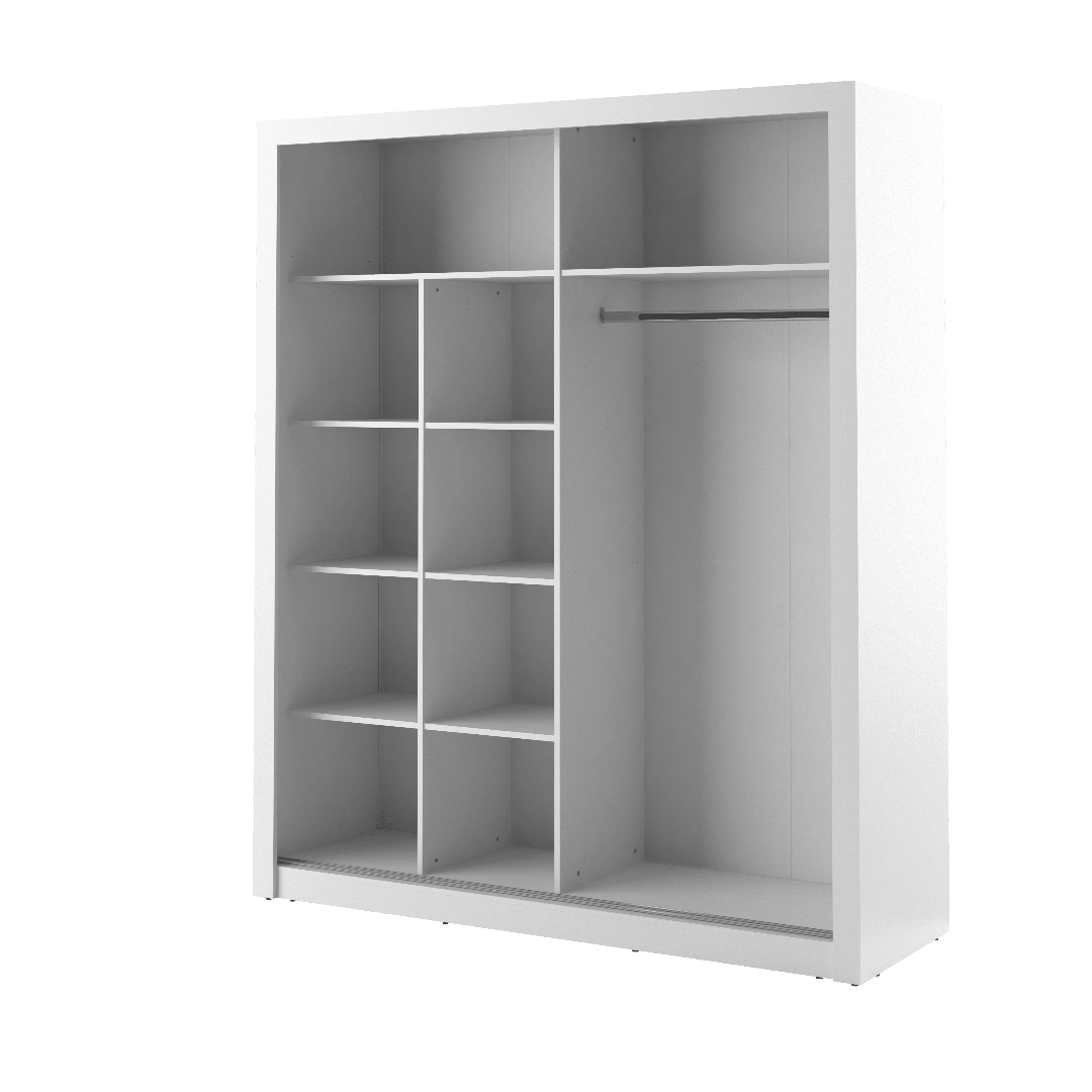 White wardrobe with shelves and a hanging rod on a white background