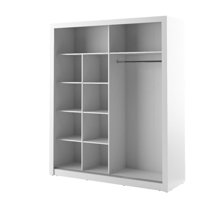 White wardrobe with shelves and a hanging rod on a white background