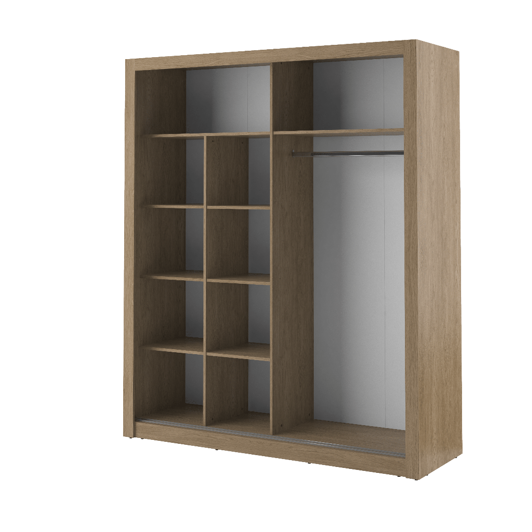Wooden wardrobe with shelves and a hanging rod on a white background