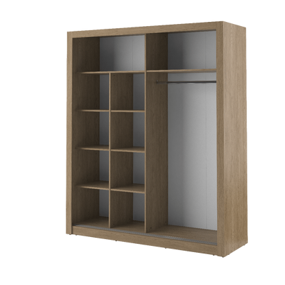Wooden wardrobe with shelves and a hanging rod on a white background