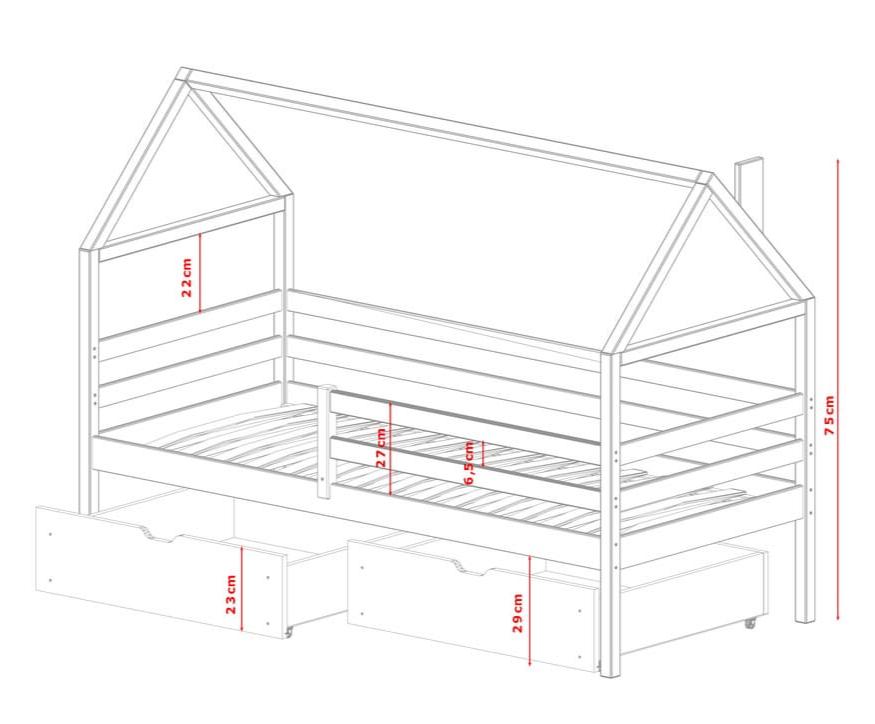 Dimensions of a children's house-shaped bed with measurements in red text.